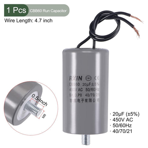 YOKIVE CBB60 Run Capacitor, 450V AC 20uF 50/60Hz with M8 Fixing Stud Run Round Capacitor, Low Loss, Great for Washing Machines Motor (Black, 74x40mm)