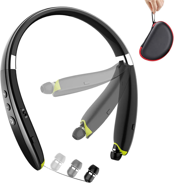 Bluetooth Headphones, Upgraded Foldable Wireless Neckband Headset with Retractable Earbuds, Noise Cancelling for