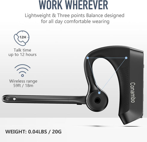 Conambo K21 Bluetooth Headset V5.1, CVC 8.0 Dual Mic Noise Cancelling Wireless Headset, 16Hrs Talking Time for iOS
