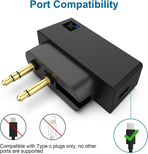 Airplane Bluetooth Audio Adapter, Wireless Headphones and 3.5mm Aux Jack, Bluetooth 5.3 Transmitter Receiver for TV,