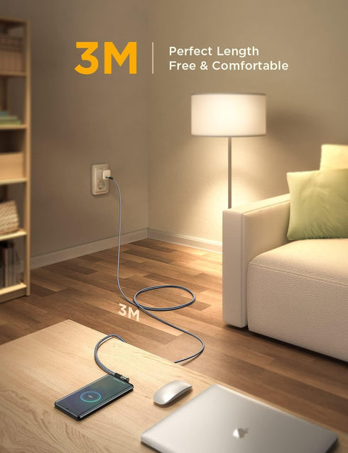 AINOPE 10FT USB C to USB C Cable 2 Pack, 60W Fast Charger for iPhone 15 Pro Max, MacBook, iPad Pro, Right Angle Design.