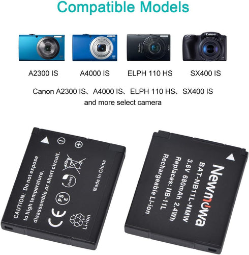 Newmowa NB-11L/NB-11LH Replacement Battery and Charger Kit (2-Pack) for Canon PowerShot A2300 IS, A2400 IS, A2500,