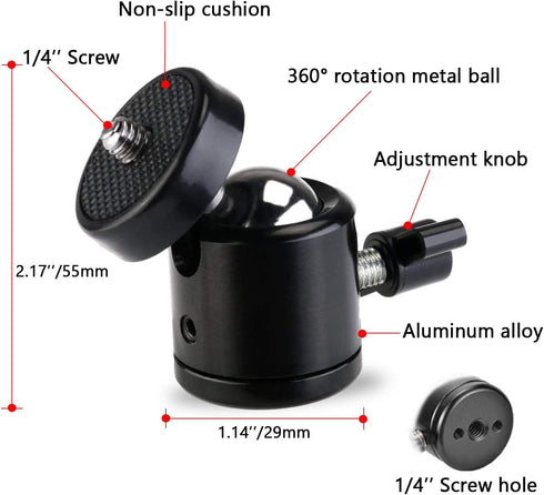 Universal 1/4" Swivel Mini Ball Head Screw Tripod Mount(2 Pack), EszkozTA360 Degree Rotating Mount Base Adapter for DSLR Cameras HTC Vive Tripods Monopods Camcorder Light Stand…