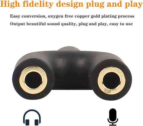 Mini U Shape Headphone Mic Splitter, 1 Male to 2 Female AUX Audio Converter, 2 Pack
