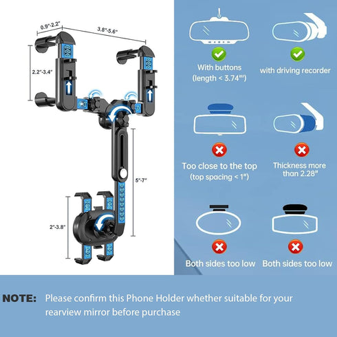 ILKCC 360 Rearview Mirror Phone Holder for Car, Rotating and Retractable Multifunctional Rear View Phone Mount