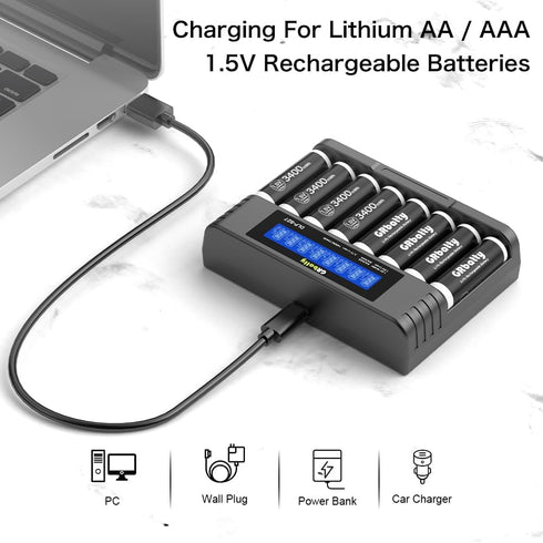 GRbatty 3400mWh 1.5V 1500 (8 Pack) Rechargeable Lithium AA Batteries with Charger, High Capacity, Cycles
