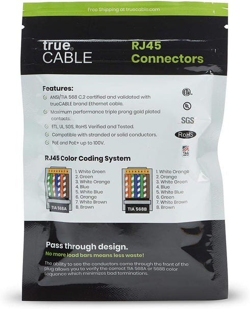 trueCABLE Cat6A Extra Large RJ45 Pass Through Connectors, Staggered, Unshielded, 20 Pieces