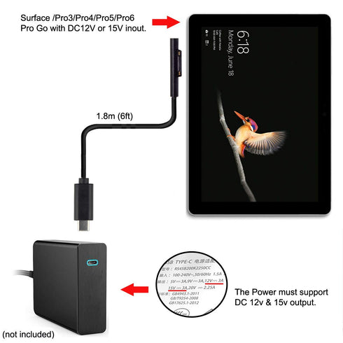 chenyang USB C to DC 12-15V Surface Pro3 Pro4 Pro5 Pro6 Book PD 65W Charge Cable