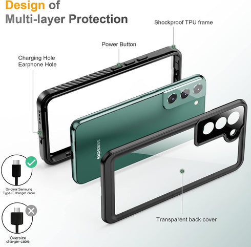 Temdan Waterproof Case for Samsung Galaxy S22, Built-in Screen Protector, Shockproof Dustproof Heavy Duty - Black