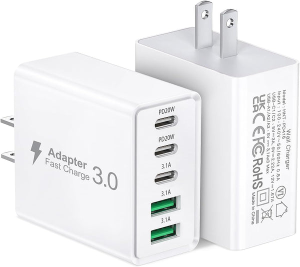2Pack USB C Fast Charger Block, 50W 5-Port USB C Wall Charger, Multiport Type C Charging Plug for iPhone