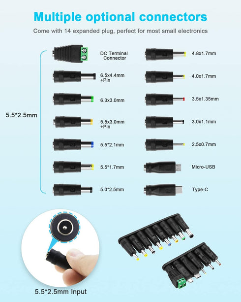 Aclorol Universal Power Adapter 30W, Adjustable 12V 9V 7.5V 6V 5V 4.5V 3V AC/DC Converter with 14 Tips