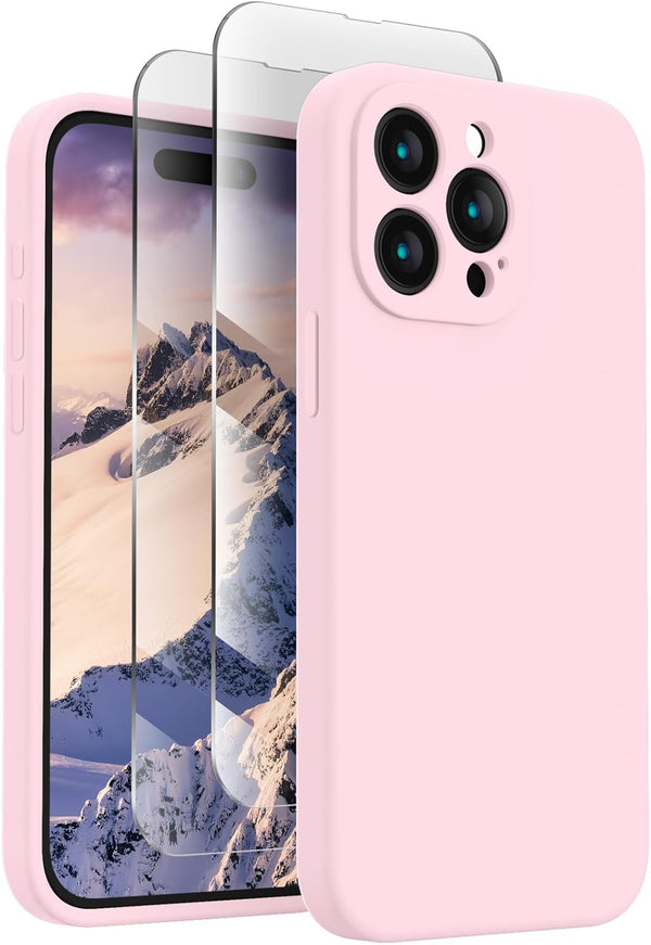 FireNova iPhone 15 Pro Max Case, Chalk Pink Silicone, 6.7", Camera Protection, Anti-Scratch Lining + 2 Screen