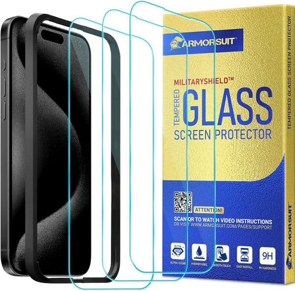 ArmorSuit 3 Pack Tempered Glass Screen Protector for iPhone 15 Pro - MilitaryShield, Case Friendly, with Alignment Tool.