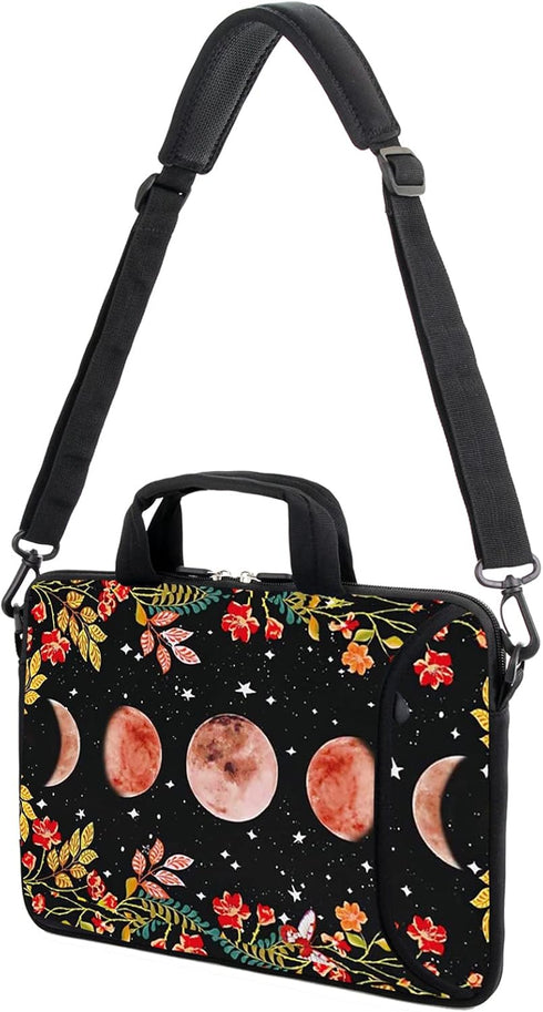13" 13.3" Laptop Sleeve Chromebook Case with Adjustable Shoulder Strap and Accessory Pocket (Flowers Moon)