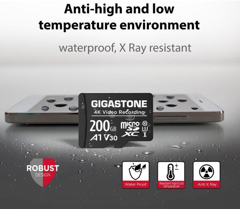 Gigastone 200GB A1 V30 4K 100MB/s Micro SD Card, Video Recording, Compatible with Security Camera, Dash Cam, Drone