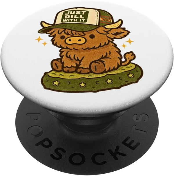 Pickle & Pasture Co. Just Dill with It Cute Highland Cow Pickle Pun PopSockets Adhesive PopGrip