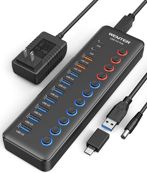 Wenter Powered USB 3.0 Hub, 48W 11-Port USB Hub Splitter with 7 Data Transfer Ports and 4 QC Charging Ports