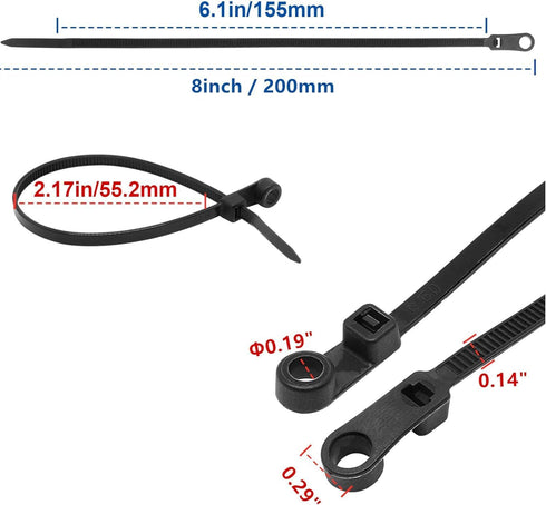 Zip Ties with Screw Hole, 8 inch 48lbs Heavy Duty Nylon for Indoor & Outdoor (Black, 300pcs)