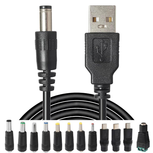 USB to DC Power Charging Cable with 12pcs DC Barrel Jack Universal Laptop Power Adapter Tips, USB 2.0 to DC