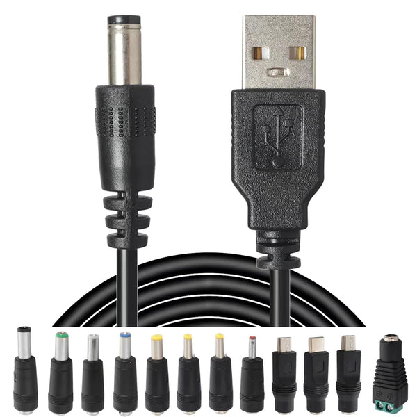 USB to DC Power Charging Cable with 12pcs DC Barrel Jack Universal Laptop Power Adapter Tips, USB 2.0 to DC