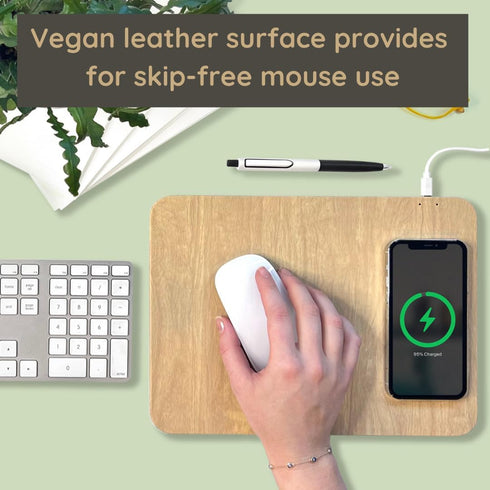 Tech Candy Power Pad Qi Charger Mouse Pad - Slim Wireless Phone Charger with Natural Wood Look, Built-in LED Light, USB