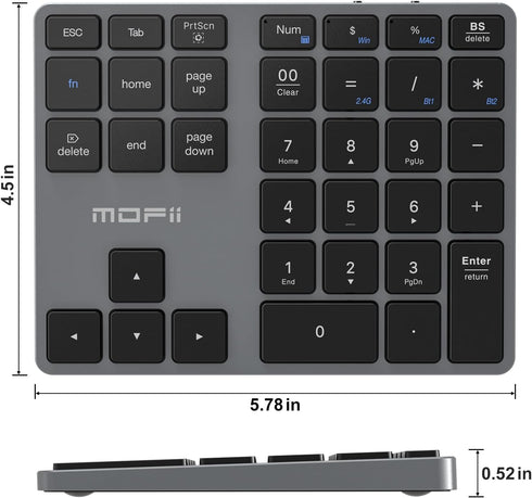 MOFII Bluetooth Number Pad for Laptop - Gray Wireless Numeric Keypad, 35 Keys USB-C Rechargeable Numpad