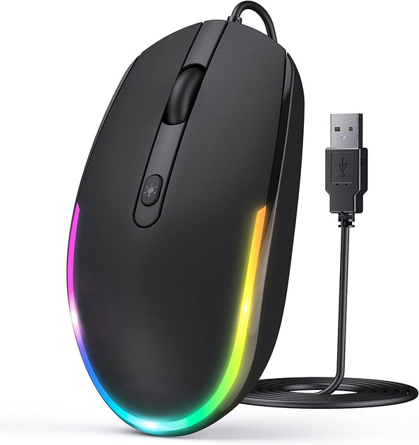 seenda Wired Mouse, USB Computer Mouse with RGB Backlit Optical LED, Attached USB Cord for Laptops, Black
