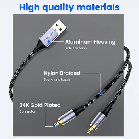 MOSWAG USB to RCA Cable, Dual RCA Stereo Y Splitter Cord, Nylon Braided Adapter for Laptop, PC, DVD Player, Speaker