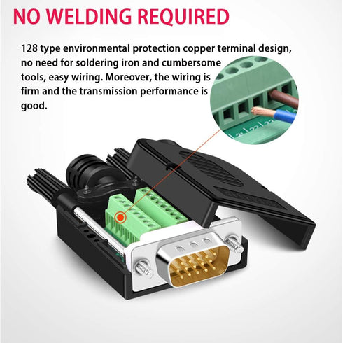 2PCS Male VGA Solderless Quick Connector, 16mm Thinner 3+9 DB15 Serial Plug to 15-pin Port