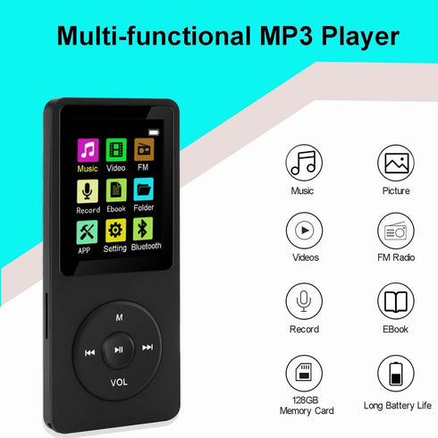 imkavery 128GB MP3 5.2, Player with Bluetooth Portable Black Music Player for Kids with Built-in HD Speaker, FM Radio