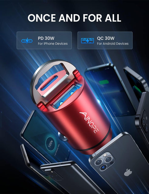 AINOPE USB C Car Charger Adapter 60W, Fast Charging for iPhone, PD 30W & QC 30W USB Car Charger, All Metal Design