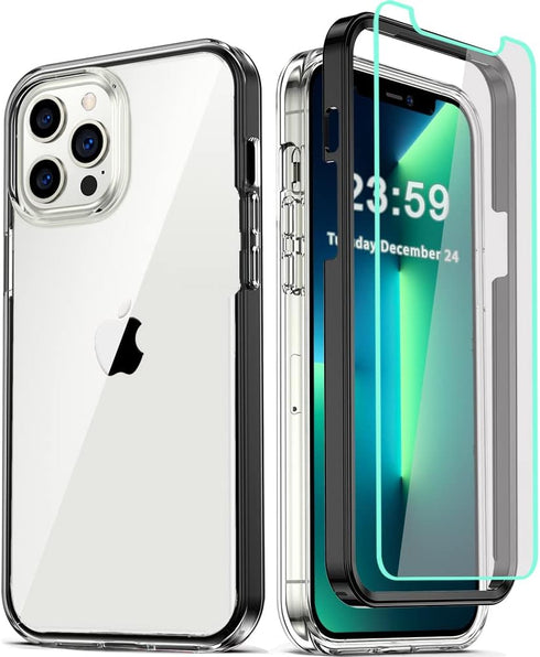COOLQO Compatible iPhone 13 Pro Case, Black, with 2 x Tempered Glass Screen Protector, 360 Full Body Coverage