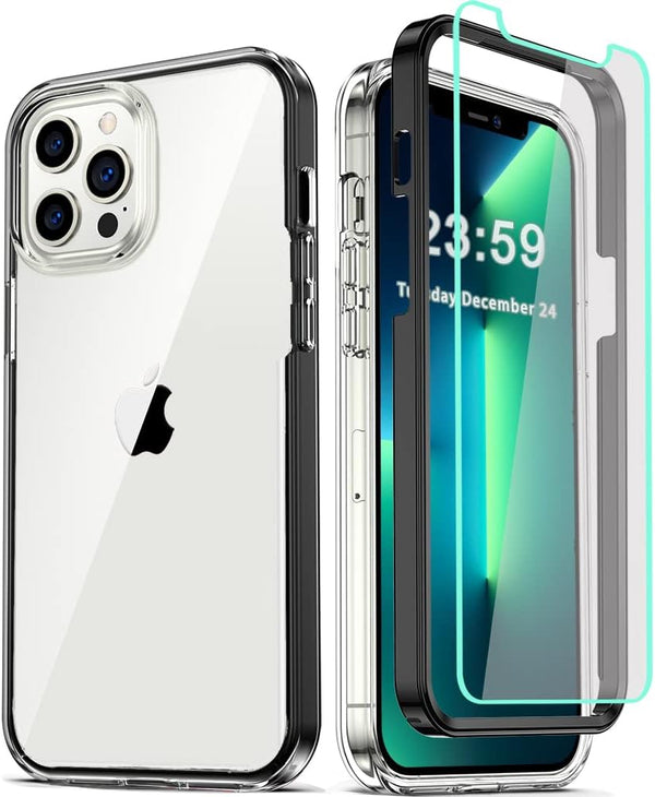 COOLQO Compatible iPhone 13 Pro Case, Black, with 2 x Tempered Glass Screen Protector, 360 Full Body Coverage