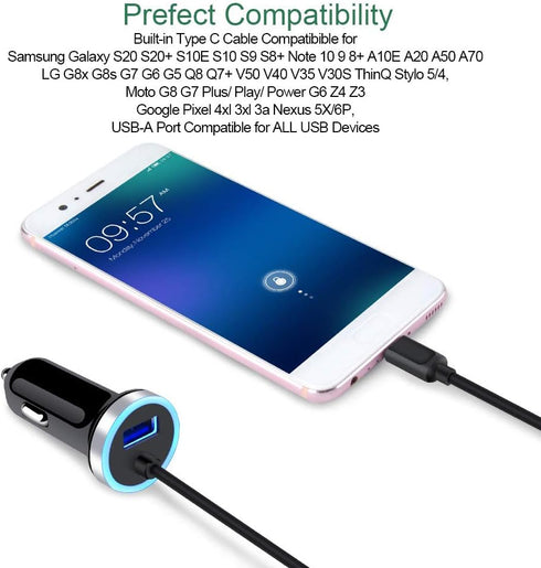 Fast Car Charger with 3ft Type C Charger Cable, 2-Pack for Samsung Galaxy S24 S23 Ultra S22 S21 S20 FE A15 A14 A11 A21