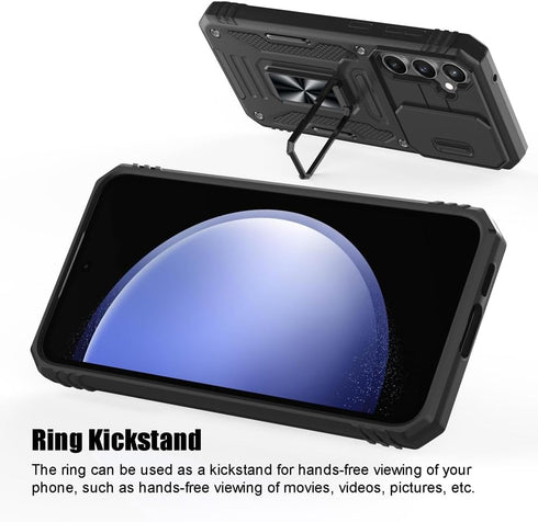 for Samsung Galaxy S23 FE Case, Shockproof Phone Case & Sliding Camera Cover & Ring Holder Kickstand with Screen