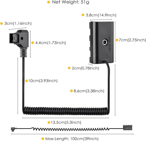 ZALUNERO NP-F970 Dummy NP-F550/770/570 D-Tap to Battery Coiled Power Cable Compatible with Sony Power Panel Light