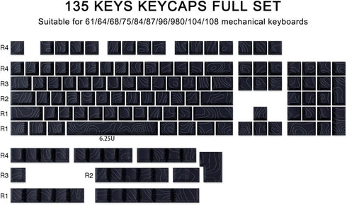 Tsungup Custom Keycaps, PBT Side Printed Keycap Set, 135 Keys Contour Line Keycaps for Cherry MX Switches, Black