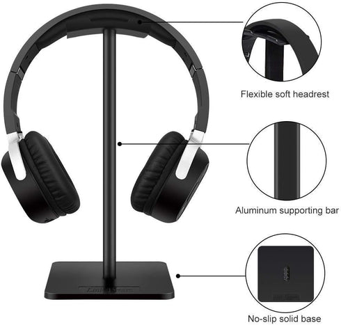 Link Dream Headphone Stand Headset Holder- Gaming Headset Holder with Aluminum Supporting Bar Flexible Headrest Anti-Slip Earphone Stand for All Headphones, Black