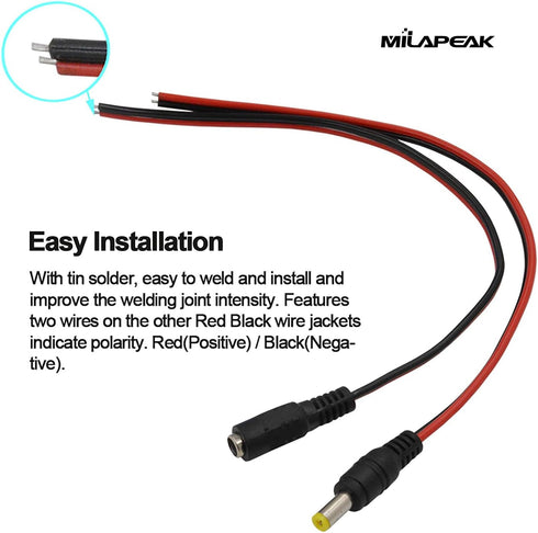 MILAPEAK 10 Pairs DC Power Pigtail Cable 12V 5A Male & Female + 10 Pairs DC Power Jack Plug Adapter Barrel Connector.