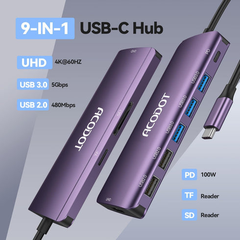 Acodot 9 1 4K@60Hz 3 3.0 100W in USB C Hub - HDMI Adapter, USB Ports, SD/TF Card Reader, PD, Multiport Adapter