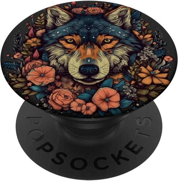 Wolf With Flowers Around Boho Style PopSockets Standard Grip