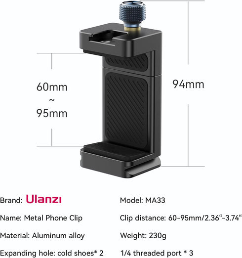 ULANZI MA33 Metal Phone Tripod Mount with 2 Cold Shoes, Adjustable Smartphone Tripod Adapter for iPhone and Samsung