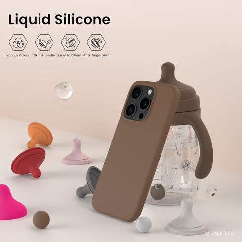 ORNARTO iPhone 15 Pro Max Case 6.7" - Slim Shockproof Liquid Silicone, 3 Layers, Soft Gel, Anti-Scratch Lining - Brown