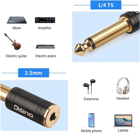 Disino 1/4" Mono to 1/8" Stereo Adapter, Gold-Plated 6.35mm TS Male Jack to 3.5mm TRS Female Adapter - Black, 1 Pack