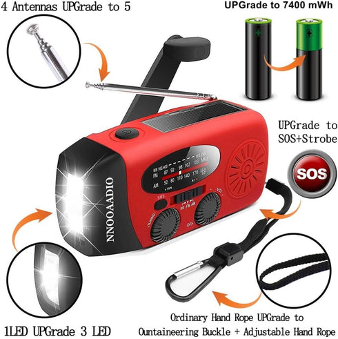 2000mAh SOS Alarm Emergency AM FM Weather Radio, Portable Hand Crank Solar Battery Operated