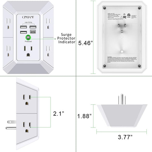 Wall Charger Surge Protector, QINLIANF 5 Outlet Extender with 4 USB Charging Ports for Home Travel Office