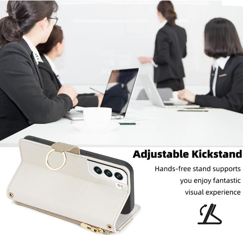 Asuwish Wallet Phone Case for Samsung Galaxy S22 5G - White PU Leather, Screen Protector, Ring Holder, Crossbody Strap.
