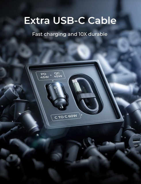 AINOPE 90W USB C Car Charger, Super Fast Charging, Fast Car Charger with 3.3ft Nylon Type C Cable, Mini Cigarette