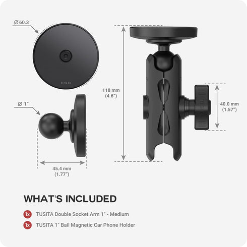TUSITA 1" Ball Magnetic Car Phone Holder with Double Socket Arm Compatible with iPhone Magsafe, for Ram Mount B Size