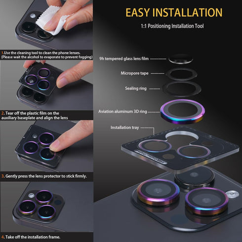 Camera Lens Protector for iPhone 15 Pro & Pro Max, Tempered Glass Lens Protector with Aluminum Alloy Ring